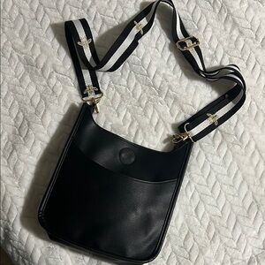 Black Crossbody Bag with Striped Strap